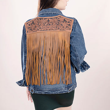 ADJKT008 Genuine leather Hand tooled hand carved Women 100% cotton Denim jacket dress ladies girl